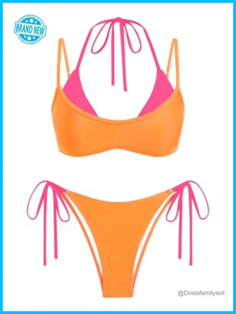 Women's Polka Dot Bikini Set Double Layer Halter Swimsuit Colorblock Side Tie 2